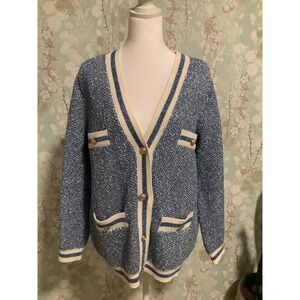 Maje Blue Metallic Tweed Knit Cardigan Gold Button V-Neck Sweater Size 2 M